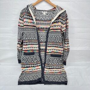 Monteau Los Angeles Womens Small‎ Hooded Cardigan Geometric Fair Isle Rainbow